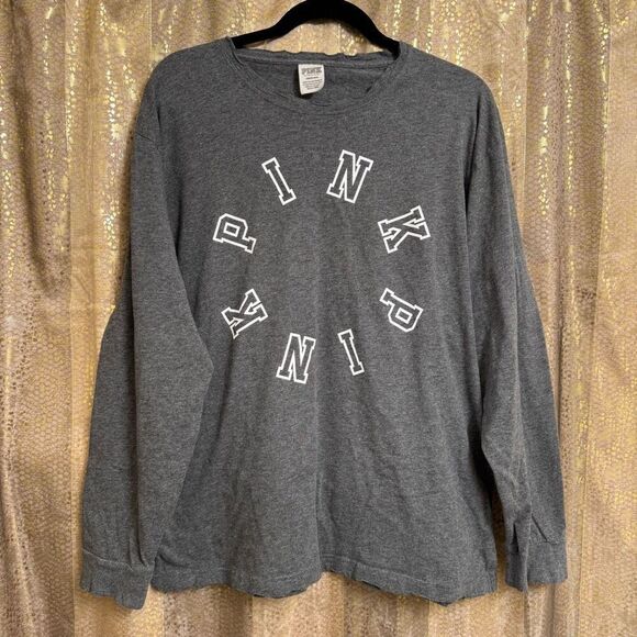 PINK Victorias Secret Charcoal Gray Distressed Long Sleeve T Shirt Large - Picture 1 of 7